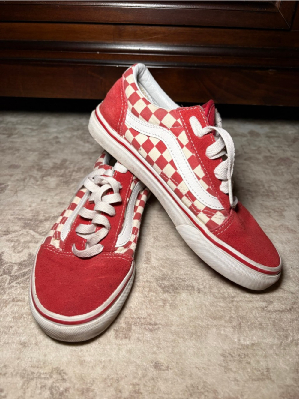 Vans Old Skool Red Checkerboard Suede Sneakers Kids 3.5